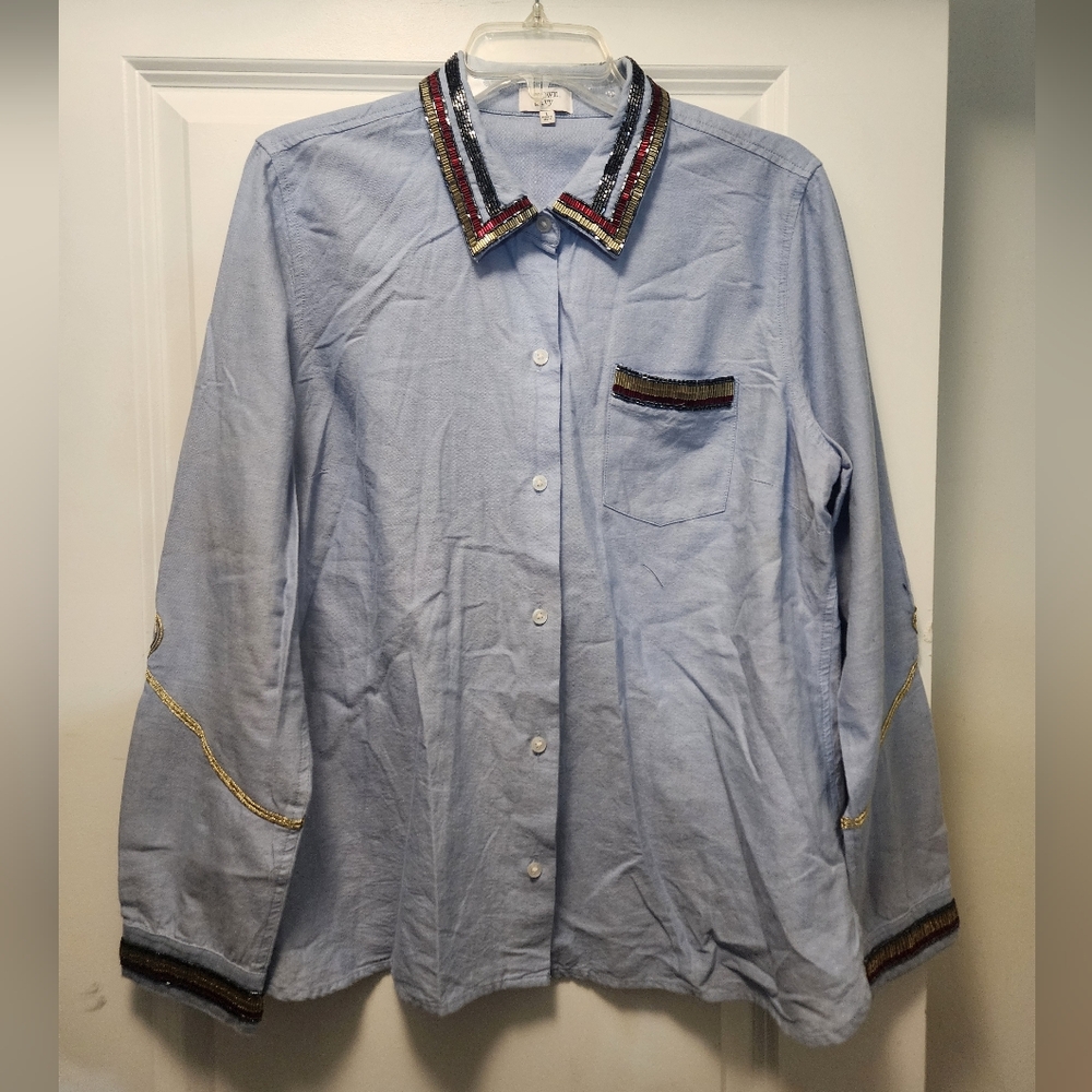 crown & ivy Light Blue Button-Up Long Sleeve Shirt with Multicolor Beaded Trim